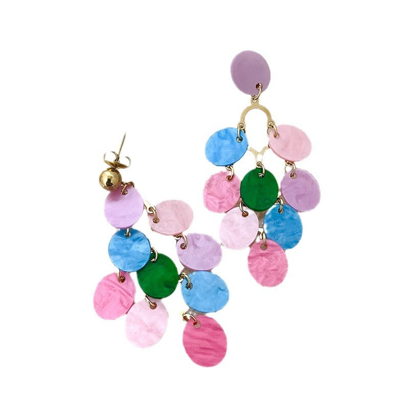 Wholesale Natural Shell Hand-stitched Dark Green Disc Mesh Tassel Earrings
